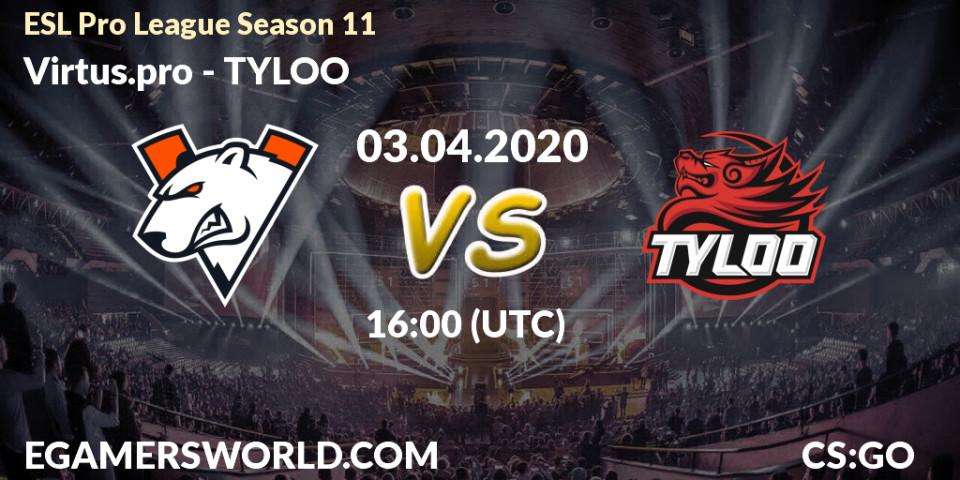 Prognose für das Spiel Virtus.pro VS TYLOO. 03.04.20. CS2 (CS:GO) - ESL Pro League Season 11: Europe