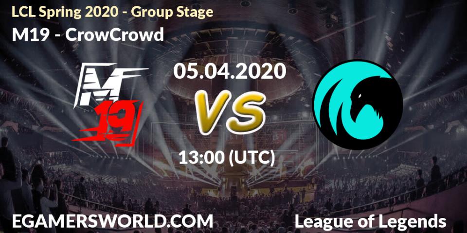 Prognose für das Spiel M19 VS CrowCrowd. 05.04.20. LoL - LCL Spring 2020 - Group Stage