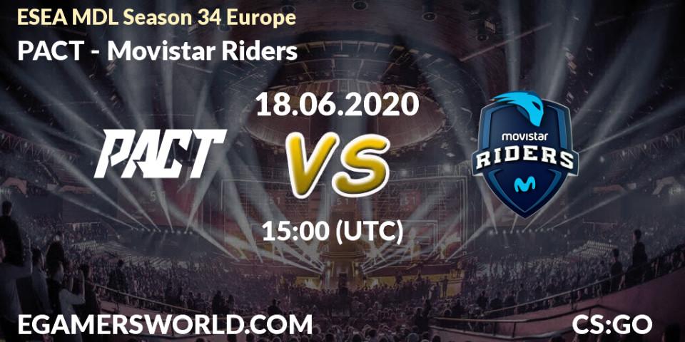 Prognose für das Spiel PACT VS Movistar Riders. 18.06.2020 at 15:00. Counter-Strike (CS2) - ESEA MDL Season 34 Europe