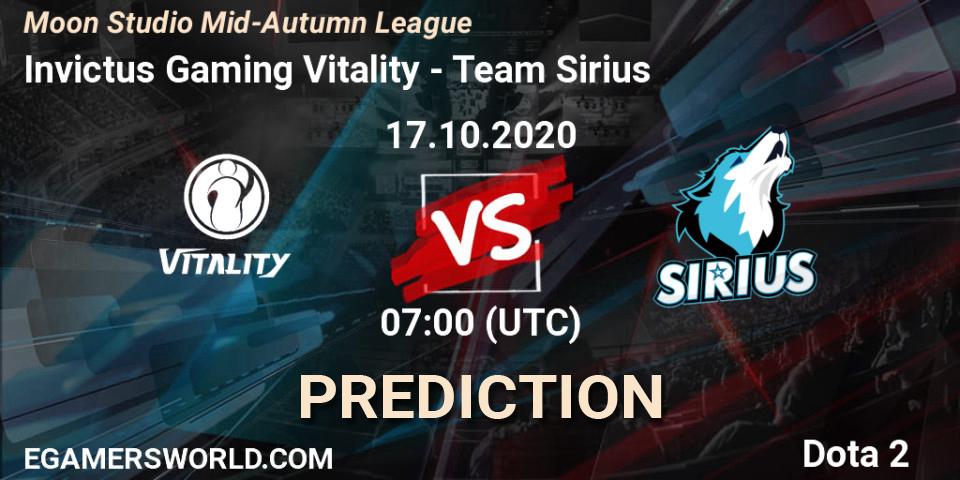 Prognose für das Spiel Invictus Gaming Vitality VS Team Sirius. 17.10.2020 at 07:30. Dota 2 - Moon Studio Mid-Autumn League