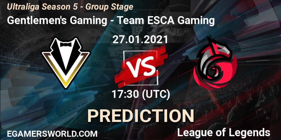 Prognose für das Spiel Gentlemen's Gaming VS Team ESCA Gaming. 27.01.2021 at 17:30. LoL - Ultraliga Season 5 - Group Stage