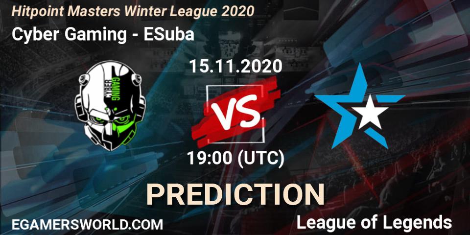 Prognose für das Spiel Cyber Gaming VS ESuba. 15.11.2020 at 19:00. LoL - Hitpoint Masters Winter League 2020