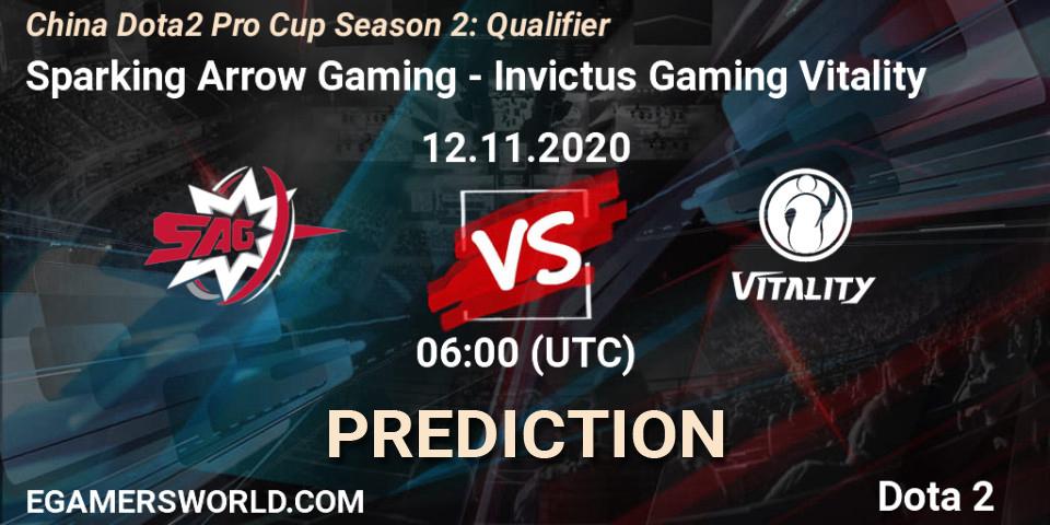 Prognose für das Spiel Sparking Arrow Gaming VS Invictus Gaming Vitality. 12.11.2020 at 06:00. Dota 2 - China Dota2 Pro Cup Season 2: Qualifier