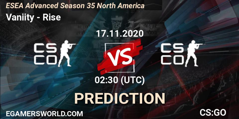 Prognose für das Spiel Vaniity VS Rise. 17.11.2020 at 02:30. Counter-Strike (CS2) - ESEA Advanced Season 35 North America