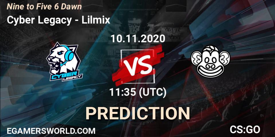 Prognose für das Spiel Cyber Legacy VS Lilmix. 10.11.2020 at 11:35. Counter-Strike (CS2) - Nine to Five 6 Dawn