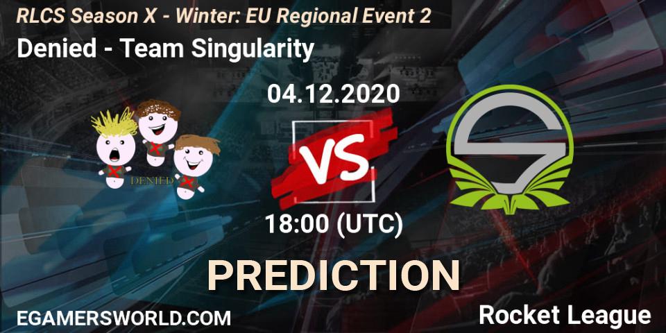Prognose für das Spiel Denied VS Team Singularity. 04.12.20. Rocket League - RLCS Season X - Winter: EU Regional Event 2