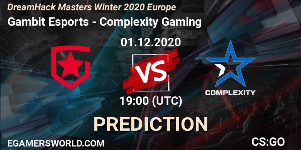 Prognose für das Spiel Gambit Esports VS Complexity Gaming. 01.12.2020 at 19:00. Counter-Strike (CS2) - DreamHack Masters Winter 2020 Europe