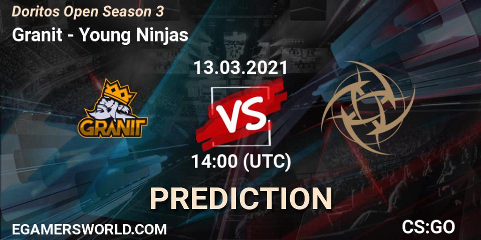 Prognose für das Spiel Granit VS Young Ninjas. 13.03.2021 at 14:05. Counter-Strike (CS2) - Doritos CS:GO Open Season 3