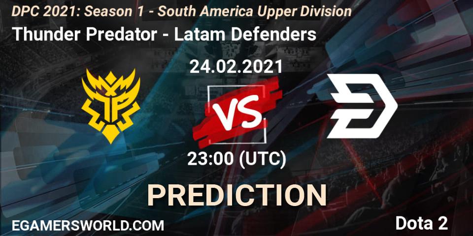 Prognose für das Spiel Thunder Predator VS Latam Defenders. 24.02.2021 at 23:05. Dota 2 - DPC 2021: Season 1 - South America Upper Division