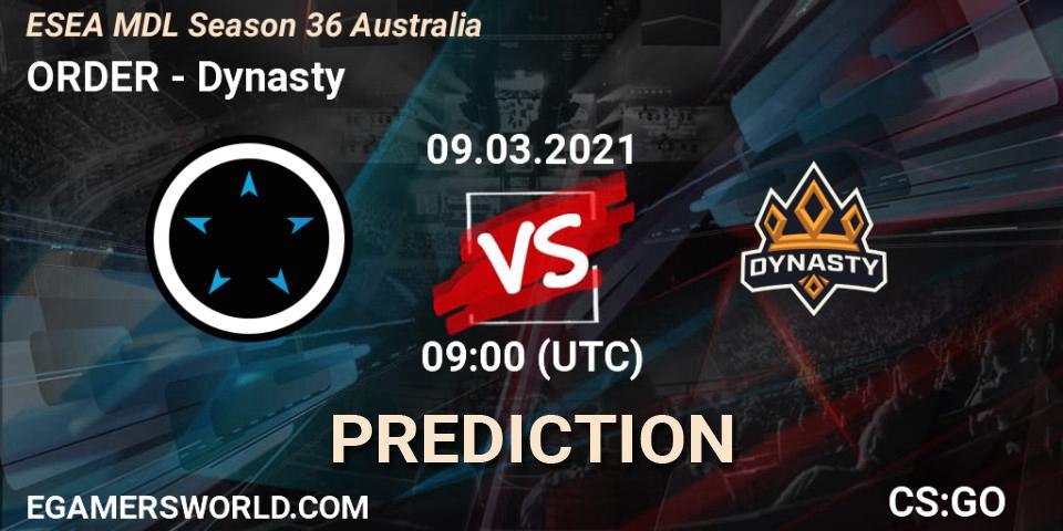 Prognose für das Spiel ORDER VS Dynasty. 09.03.21. CS2 (CS:GO) - MDL ESEA Season 36: Australia - Premier Division