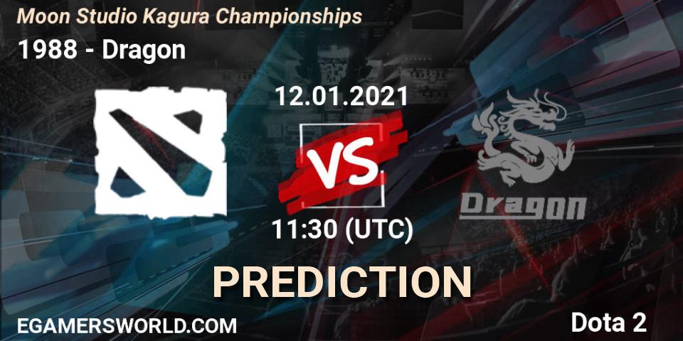Prognose für das Spiel 请回答1988 VS Dragon. 12.01.2021 at 13:36. Dota 2 - Moon Studio Kagura Championships