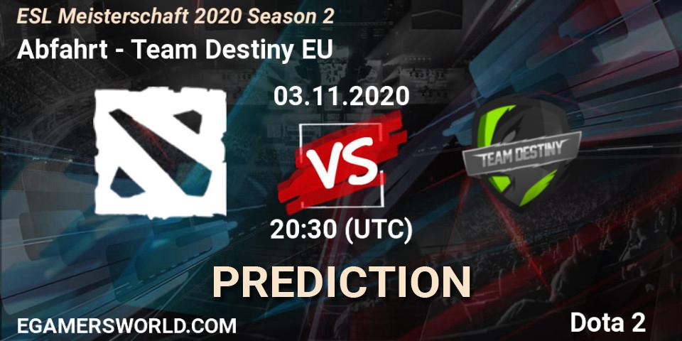 Prognose für das Spiel Abfahrt VS Team Destiny EU. 03.11.2020 at 20:35. Dota 2 - ESL Meisterschaft 2020 Season 2