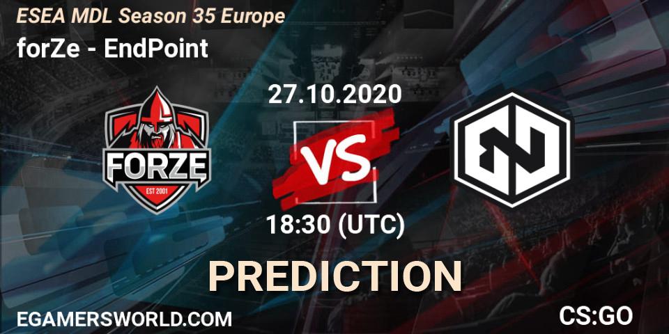 Prognose für das Spiel forZe VS EndPoint. 29.10.2020 at 16:35. Counter-Strike (CS2) - ESEA MDL Season 35 Europe