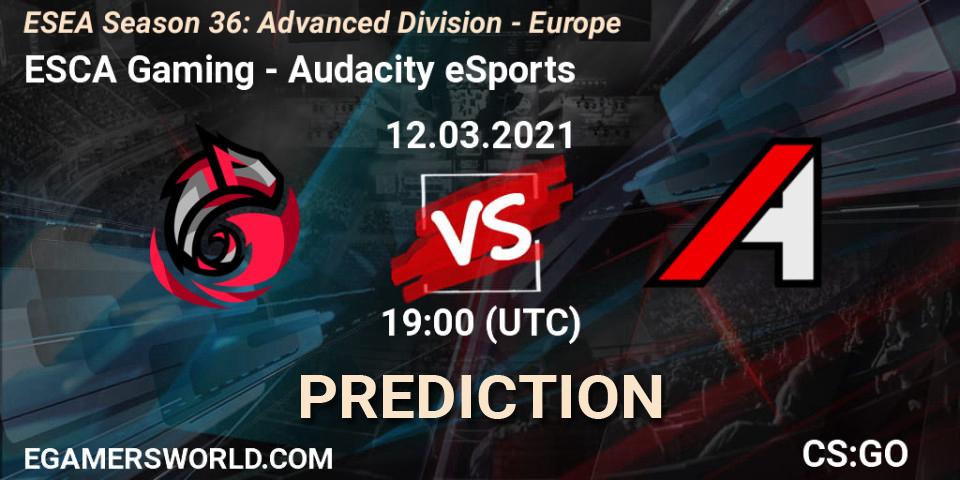 Prognose für das Spiel ESCA Gaming VS Audacity eSports. 12.03.2021 at 19:00. Counter-Strike (CS2) - ESEA Season 36: Europe - Advanced Division