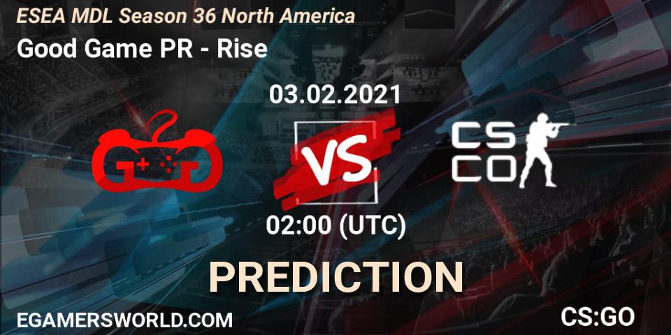 Prognose für das Spiel Good Game PR VS Rise. 03.02.2021 at 02:00. Counter-Strike (CS2) - MDL ESEA Season 36: North America - Premier Division