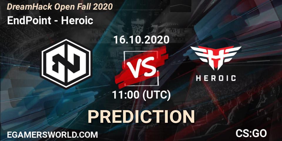 Prognose für das Spiel EndPoint VS Heroic. 16.10.2020 at 11:00. Counter-Strike (CS2) - DreamHack Open Fall 2020