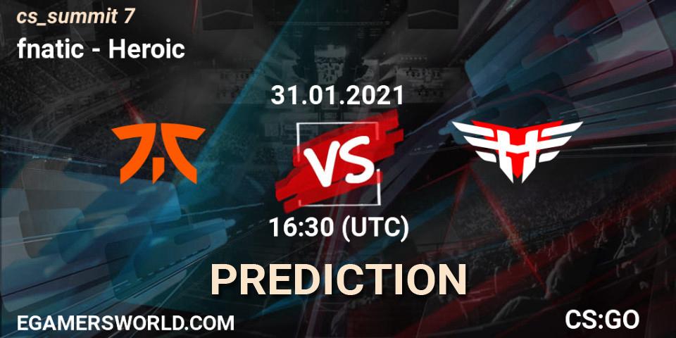 Prognose für das Spiel fnatic VS Heroic. 31.01.2021 at 16:30. Counter-Strike (CS2) - cs_summit 7