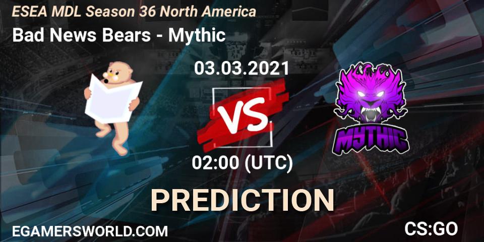 Prognose für das Spiel Bad News Bears VS Mythic. 03.03.2021 at 02:00. Counter-Strike (CS2) - MDL ESEA Season 36: North America - Premier Division
