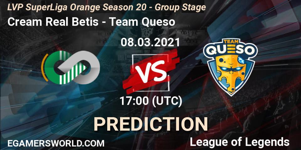 Prognose für das Spiel Cream Real Betis VS Team Queso. 08.03.2021 at 17:00. LoL - LVP SuperLiga Orange Season 20 - Group Stage