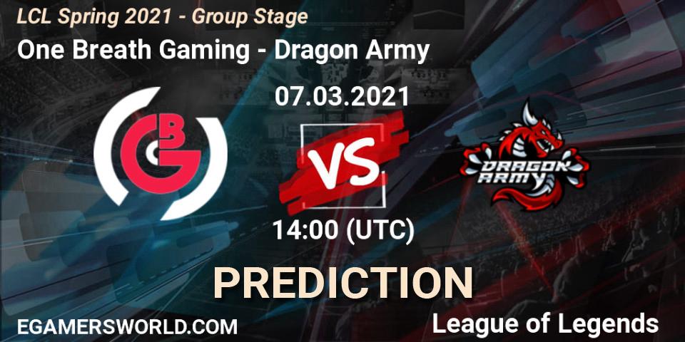 Prognose für das Spiel One Breath Gaming VS Dragon Army. 07.03.2021 at 14:00. LoL - LCL Spring 2021 - Group Stage