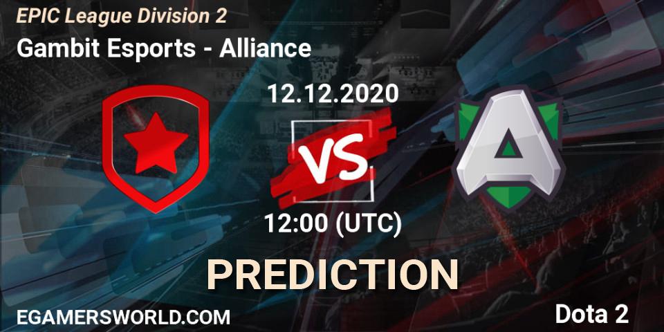 Prognose für das Spiel Gambit Esports VS Alliance. 12.12.2020 at 12:02. Dota 2 - EPIC League Division 2