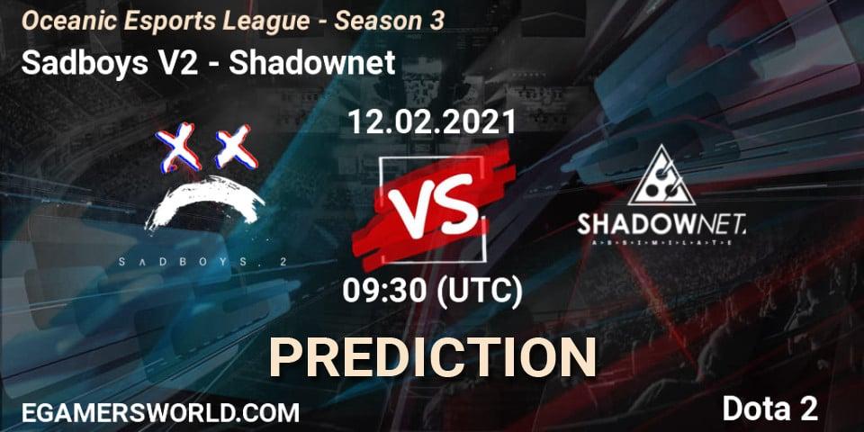 Prognose für das Spiel Sadboys V2 VS Shadownet. 12.02.2021 at 09:30. Dota 2 - Oceanic Esports League - Season 3