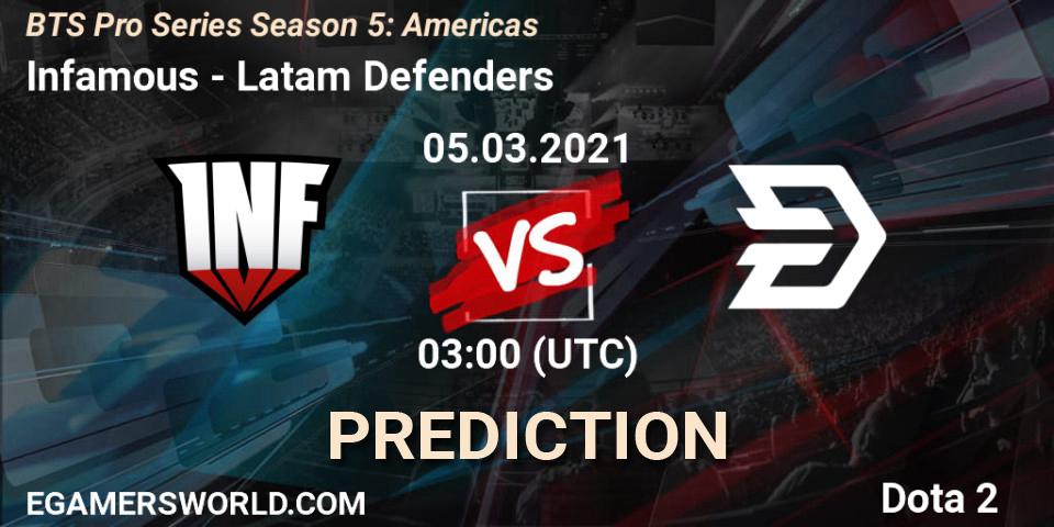Prognose für das Spiel Infamous VS Latam Defenders. 05.03.2021 at 03:02. Dota 2 - BTS Pro Series Season 5: Americas