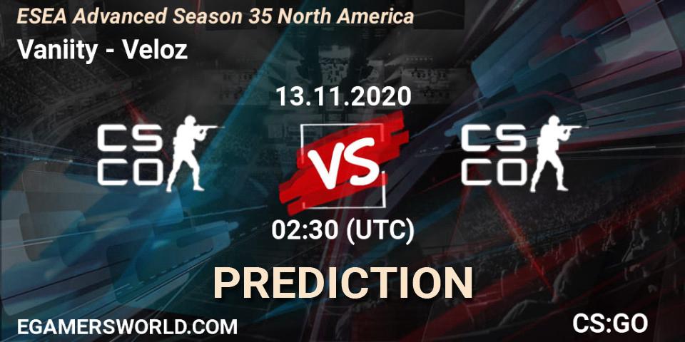 Prognose für das Spiel Vaniity VS Veloz. 13.11.2020 at 02:30. Counter-Strike (CS2) - ESEA Advanced Season 35 North America