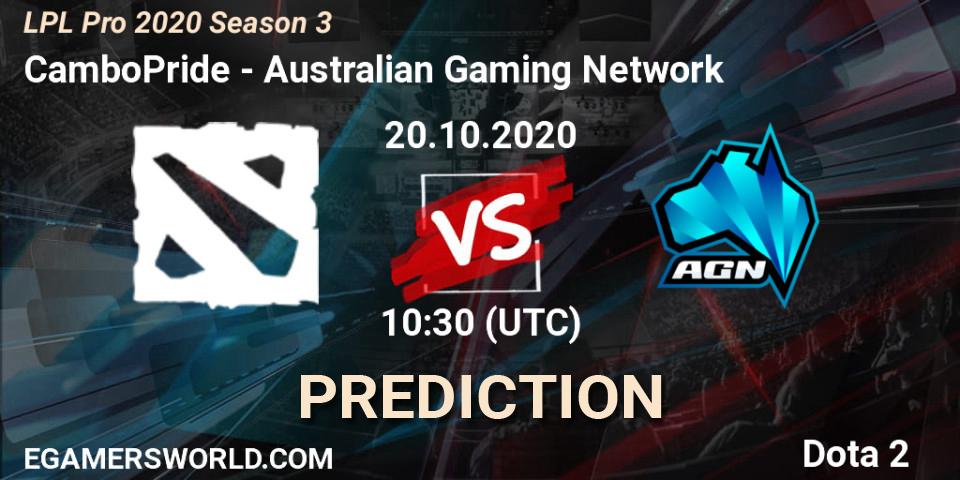 Prognose für das Spiel CamboPride VS Australian Gaming Network. 26.10.20. Dota 2 - LPL Pro 2020 Season 3