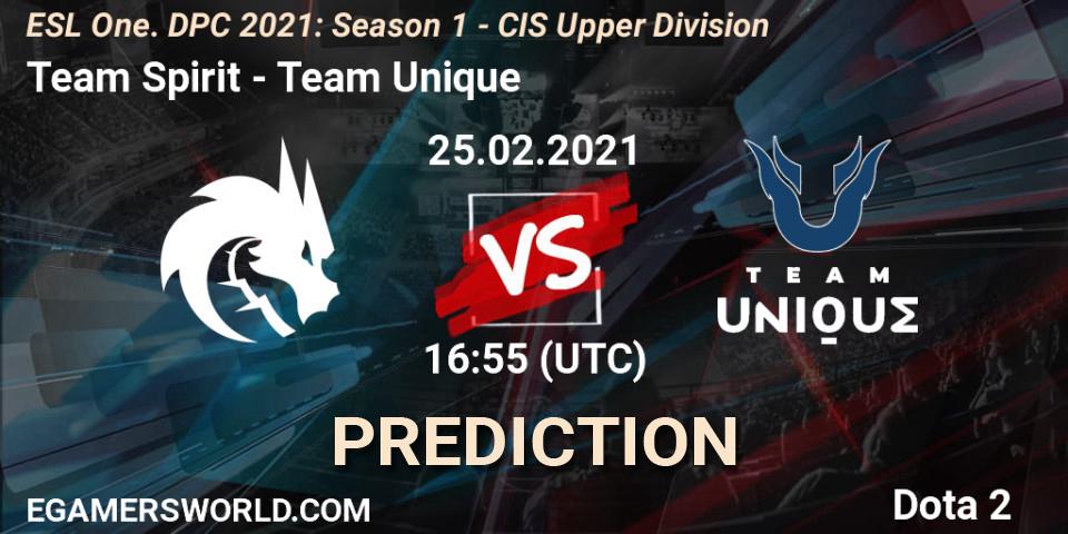 Prognose für das Spiel Team Spirit VS Team Unique. 25.02.2021 at 17:08. Dota 2 - ESL One. DPC 2021: Season 1 - CIS Upper Division