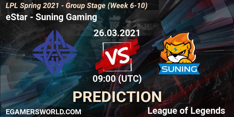 Prognose für das Spiel eStar VS Suning Gaming. 26.03.2021 at 09:00. LoL - LPL Spring 2021 - Group Stage (Week 6-10)