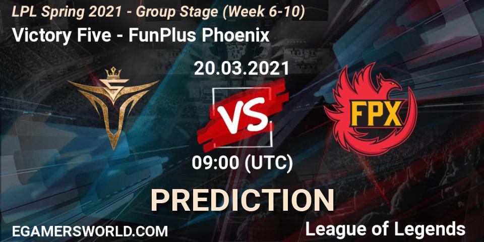 Prognose für das Spiel Victory Five VS FunPlus Phoenix. 20.03.2021 at 09:00. LoL - LPL Spring 2021 - Group Stage (Week 6-10)