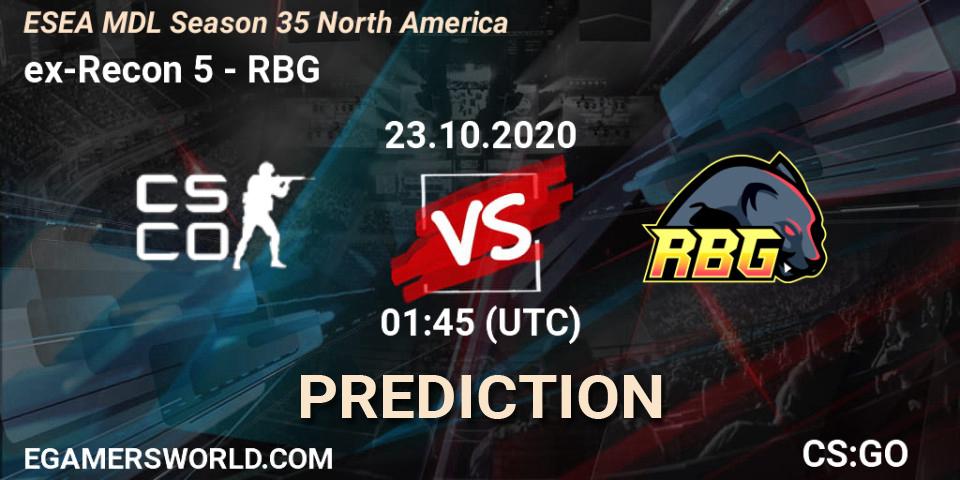 Prognose für das Spiel ex-Recon 5 VS RBG. 23.10.2020 at 02:15. Counter-Strike (CS2) - ESEA MDL Season 35 North America