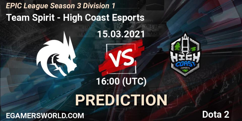 Prognose für das Spiel Team Spirit VS High Coast Esports. 15.03.2021 at 16:01. Dota 2 - EPIC League Season 3 Division 1