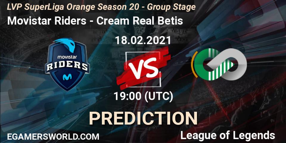 Prognose für das Spiel Movistar Riders VS Cream Real Betis. 18.02.2021 at 19:00. LoL - LVP SuperLiga Orange Season 20 - Group Stage