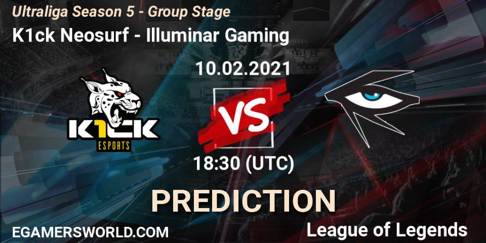 Prognose für das Spiel K1ck Neosurf VS Illuminar Gaming. 10.02.2021 at 18:30. LoL - Ultraliga Season 5 - Group Stage