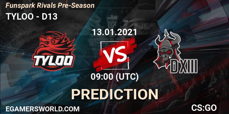 Prognose für das Spiel TYLOO VS D13. 13.01.2021 at 09:00. Counter-Strike (CS2) - Funspark Rivals Pre-Season