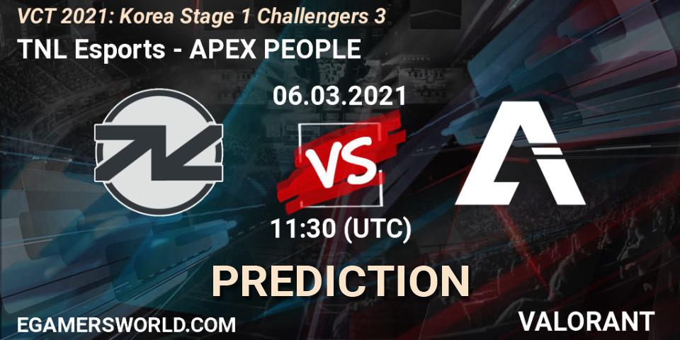 Prognose für das Spiel TNL Esports VS APEX PEOPLE. 06.03.2021 at 11:30. VALORANT - VCT 2021: Korea Stage 1 Challengers 3