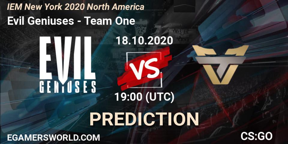 Prognose für das Spiel Evil Geniuses VS Team One. 18.10.2020 at 19:00. Counter-Strike (CS2) - IEM New York 2020 North America