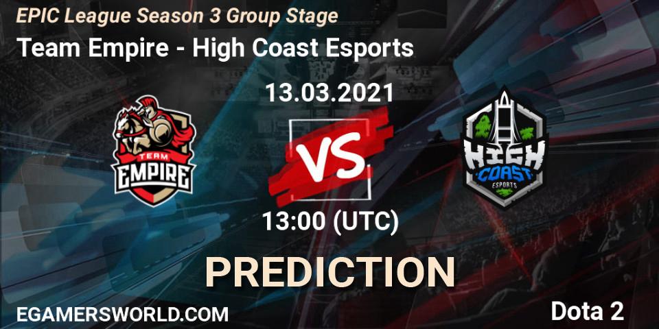 Prognose für das Spiel Team Empire VS High Coast Esports. 13.03.21. Dota 2 - EPIC League Season 3 Group Stage