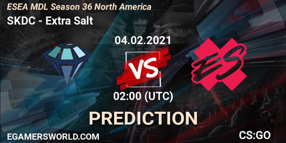 Prognose für das Spiel SKDC VS Extra Salt. 04.02.2021 at 02:00. Counter-Strike (CS2) - MDL ESEA Season 36: North America - Premier Division