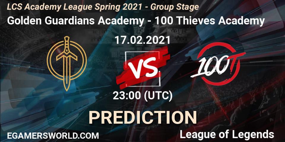 Prognose für das Spiel Golden Guardians Academy VS 100 Thieves Academy. 17.02.2021 at 23:00. LoL - LCS Academy League Spring 2021 - Group Stage