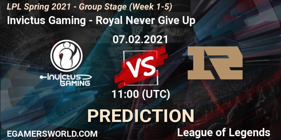 Prognose für das Spiel Invictus Gaming VS Royal Never Give Up. 07.02.2021 at 12:08. LoL - LPL Spring 2021 - Group Stage (Week 1-5)