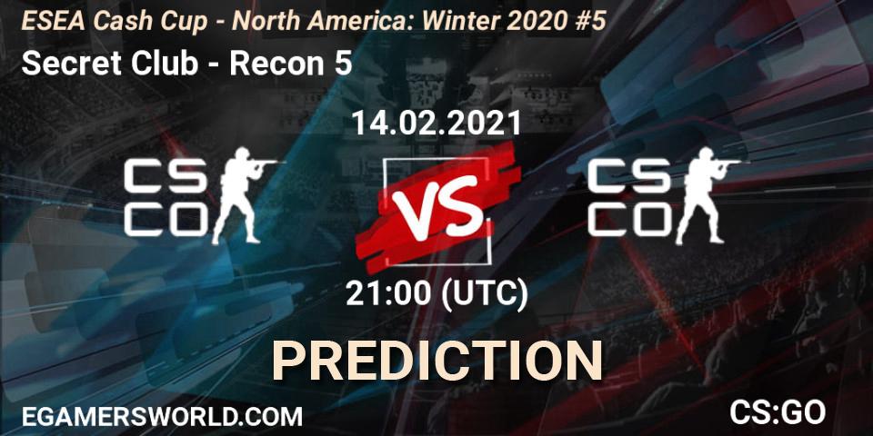 Prognose für das Spiel Secret Club VS Recon 5. 14.02.2021 at 21:00. Counter-Strike (CS2) - ESEA Cash Cup - North America: Winter 2020 #5