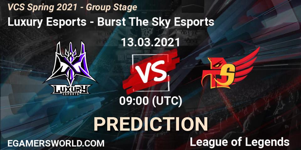 Prognose für das Spiel Luxury Esports VS Burst The Sky Esports. 13.03.2021 at 10:00. LoL - VCS Spring 2021 - Group Stage