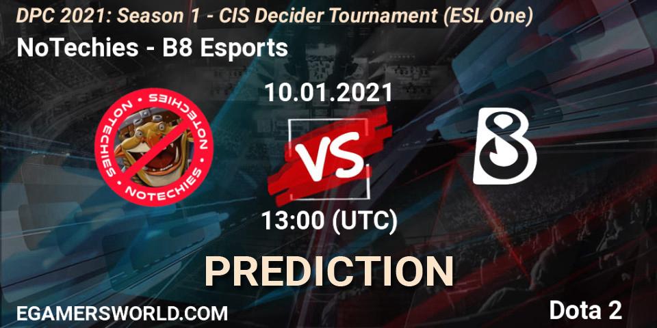 Prognose für das Spiel NoTechies VS B8 Esports. 10.01.2021 at 13:00. Dota 2 - DPC 2021: Season 1 - CIS Decider Tournament (ESL One)