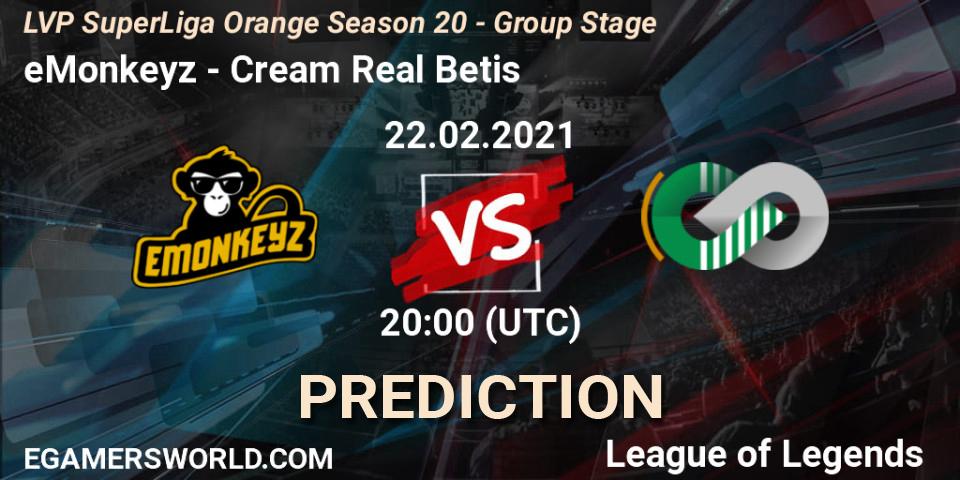 Prognose für das Spiel eMonkeyz VS Cream Real Betis. 22.02.2021 at 20:00. LoL - LVP SuperLiga Orange Season 20 - Group Stage