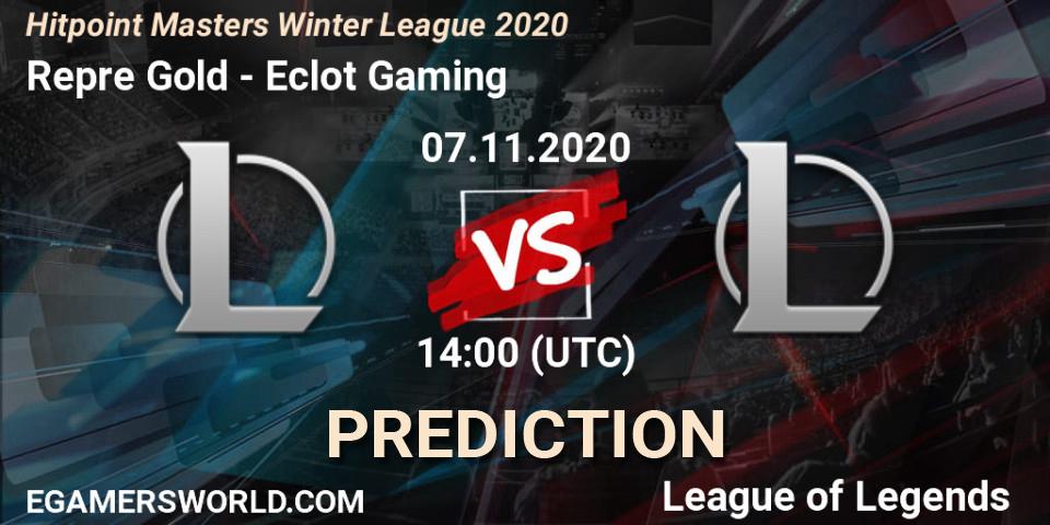 Prognose für das Spiel Repre Gold VS Eclot Gaming. 07.11.2020 at 14:00. LoL - Hitpoint Masters Winter League 2020