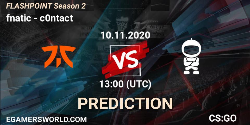 Prognose für das Spiel fnatic VS c0ntact. 11.11.2020 at 16:00. Counter-Strike (CS2) - Flashpoint Season 2
