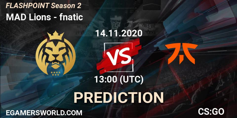 Prognose für das Spiel MAD Lions VS fnatic. 14.11.2020 at 13:00. Counter-Strike (CS2) - Flashpoint Season 2
